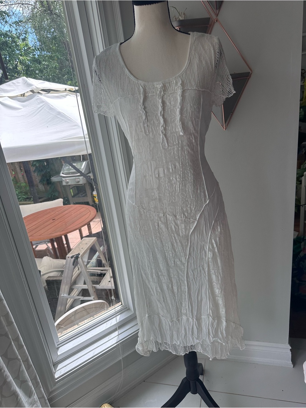 ELENA WANG White Crochet Lace Trim Knit Summer Midi Boho Dress Size Small